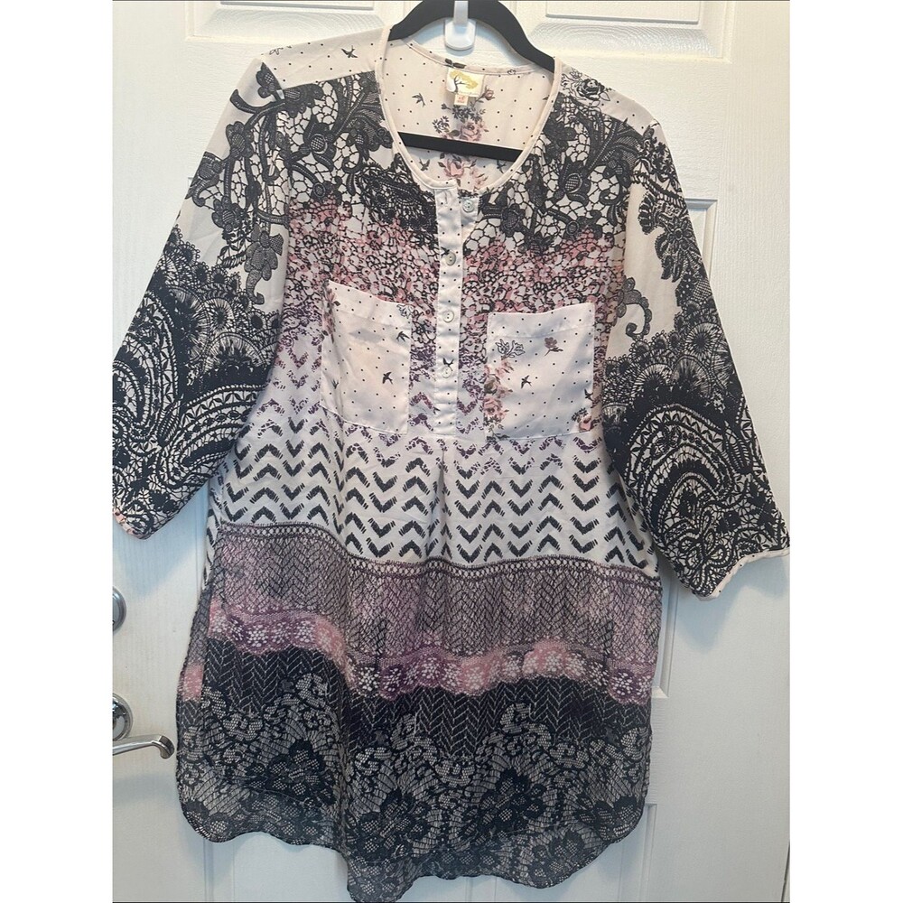 Anthropologie Fig and Flower Boho Mixed Print Long Line Tunic Size XL